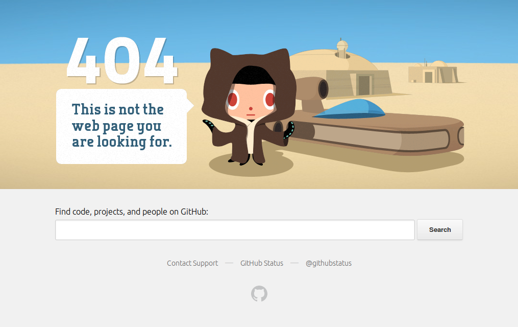 Screenshot of the GitHub 404 page: “This is not the web page you are looking for.”